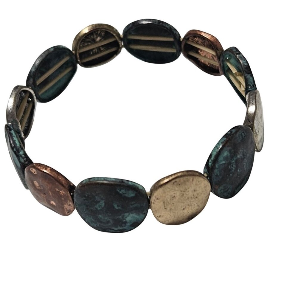 Vintage Multicolor Patina Stretch Bracelet Metal Oval Disc Design Jewelry Women